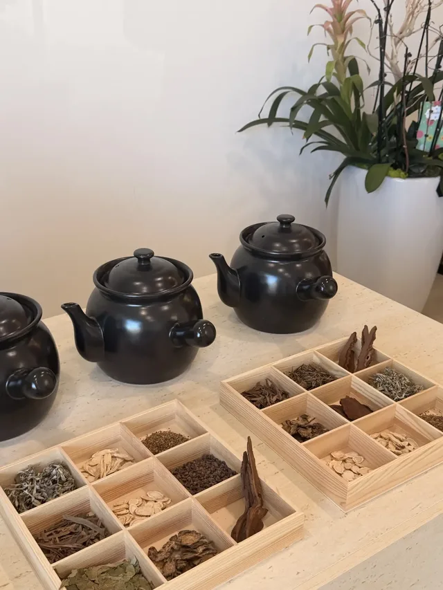 Black clay herbal pots beside wooden trays of dried Chinese herbs at Young Hair.